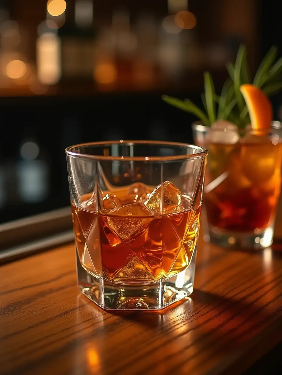 Create a beautiful square-shaped glass that is on the bar counter. There is golden colored whiskey in it. And nearby there are alcoholic drinks.