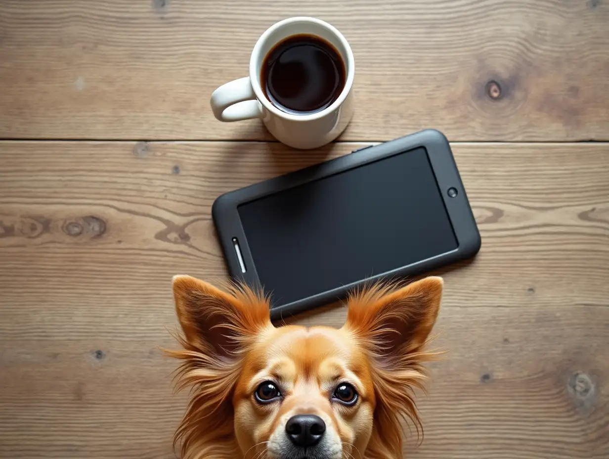 To the top a cup of coffee. In the middle a phone . At the bottom a dog