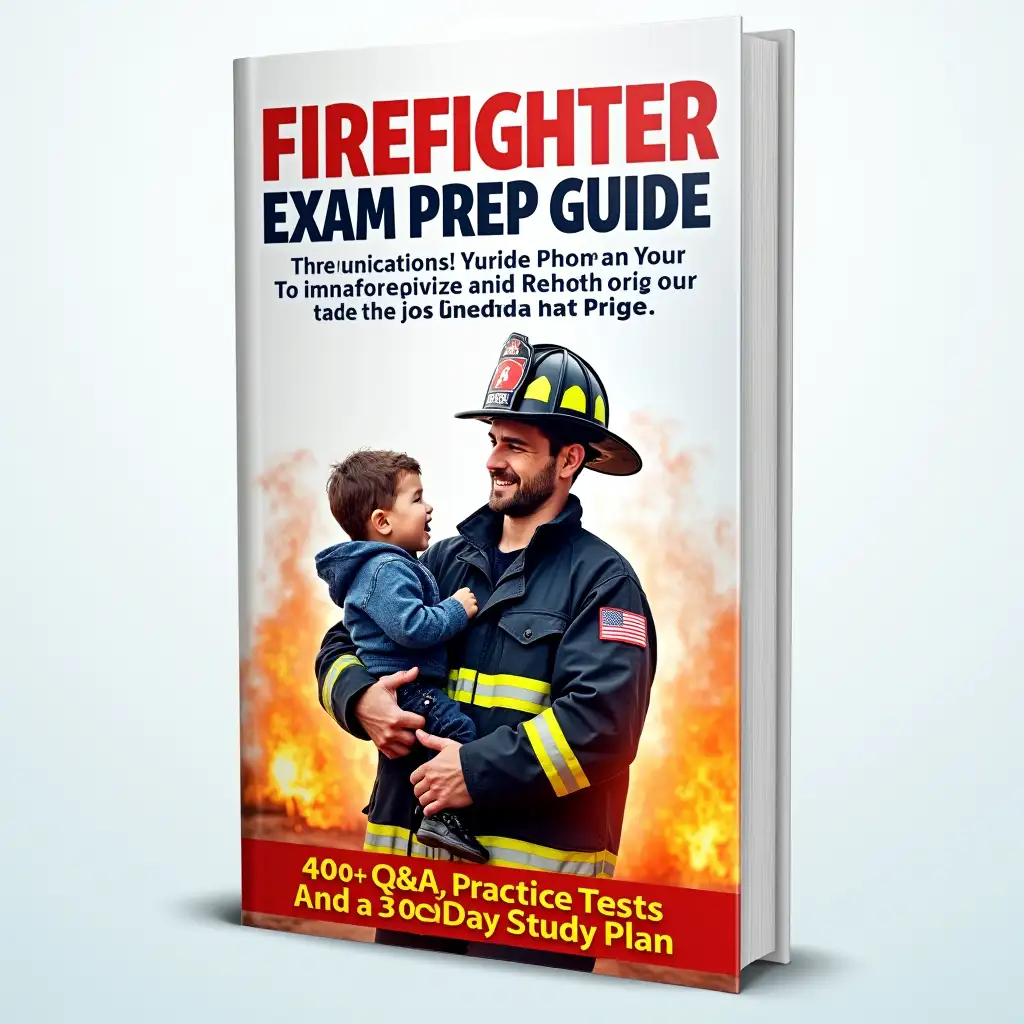 A professional book cover for a firefighter exam preparation guide with a bright, clean background. The design features a heroic firefighter in a U.S. uniform holding a rescued child, both looking relieved and determined. Surround them with subtle, stylized flames in warm tones of orange and yellow. The background transitions from white at the top to light blue at the bottom, creating a clean, modern atmosphere. Add a bold title at the top reading 'Firefighter Exam Prep Guide' in red and blue gradient text. Include subtext below: '400+ Q&A, Practice Tests, and a 30-Day Study Plan' in smaller yellow font. The overall design should look modern, inspirational, and optimized for smartphone visibility with high contrast and minimal clutter. HD rendering with polished lighting and details.