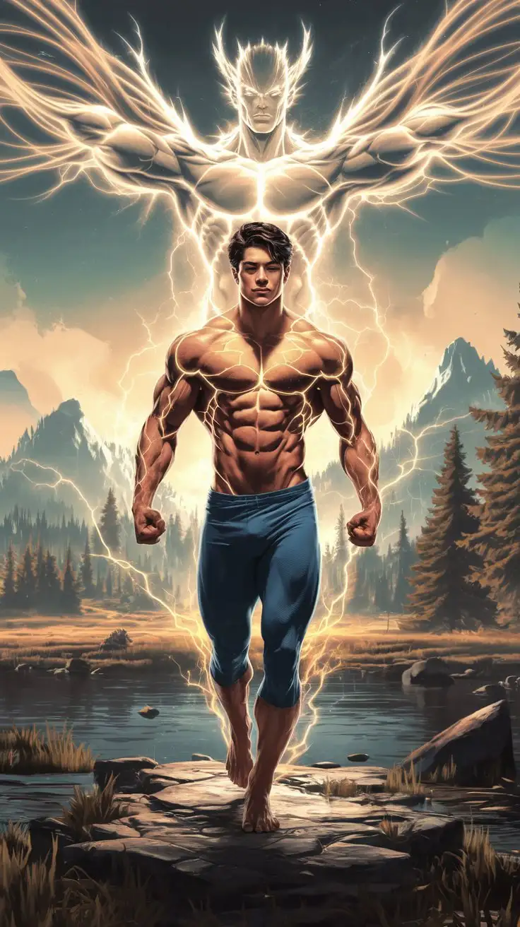 A powerful benevolent force gives a hugely ripped muscle man awesome superpowers. Luminous golden energy. 23 years old.