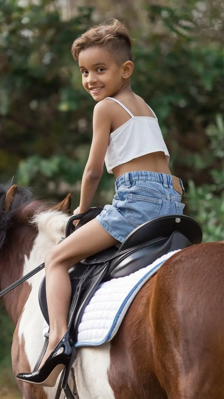 little young boy wearing White spagetti strap top and blue denim short shorts and black high heels and riding a pony and look at the camera and smiling