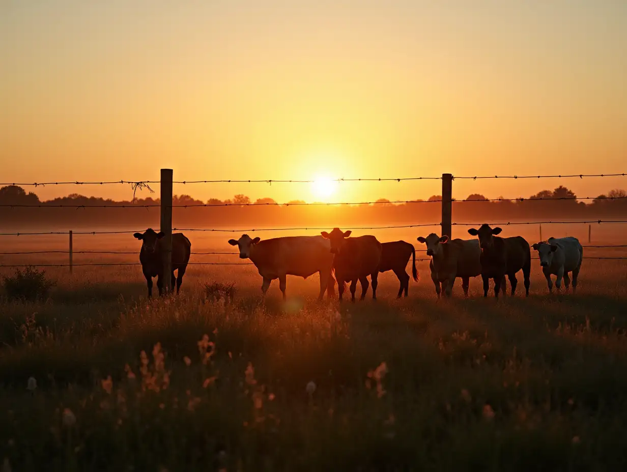 Rural livestock fencing, sunrise in a pasture