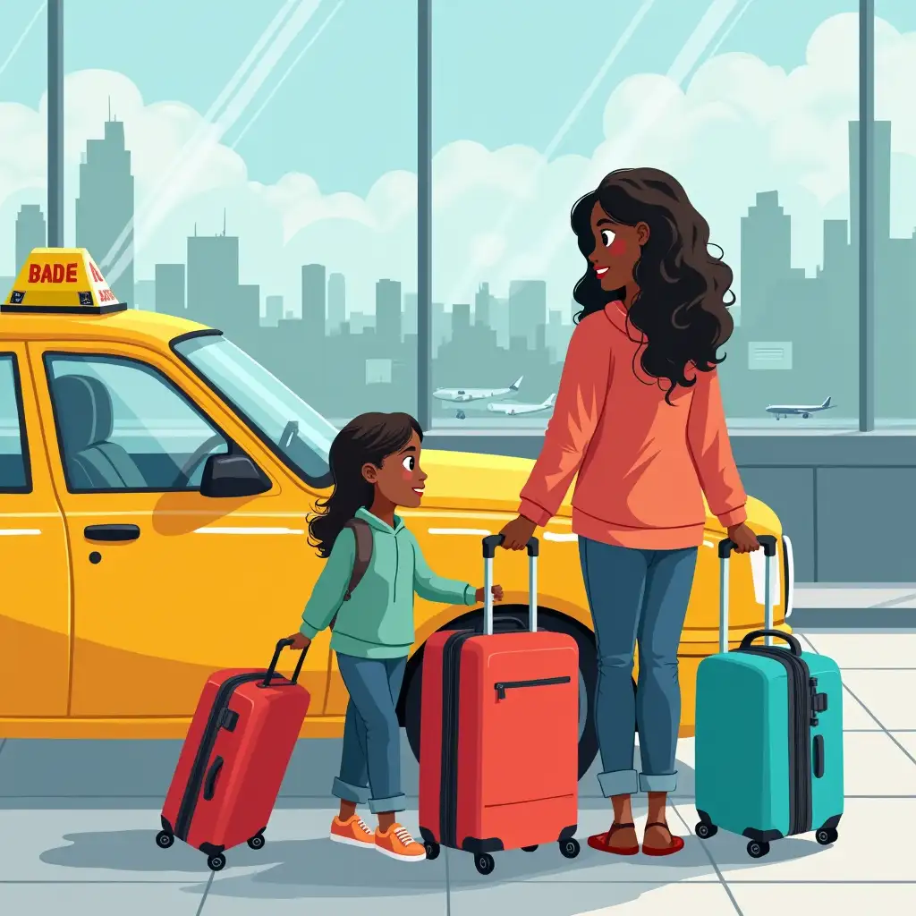 Family of Three with Luggage Standing by Yellow Taxi at NYC Airport