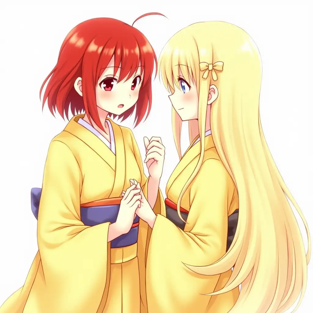 Two japanese girls in yellowish-white kimonos, one girl with mid-length, red hair and red eyes, second girl similar but long blonde hair instead