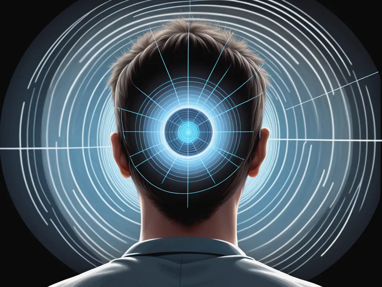 Illustration of person that has a 2D projection like visual field. Portal coming out of head showing alternate reality
