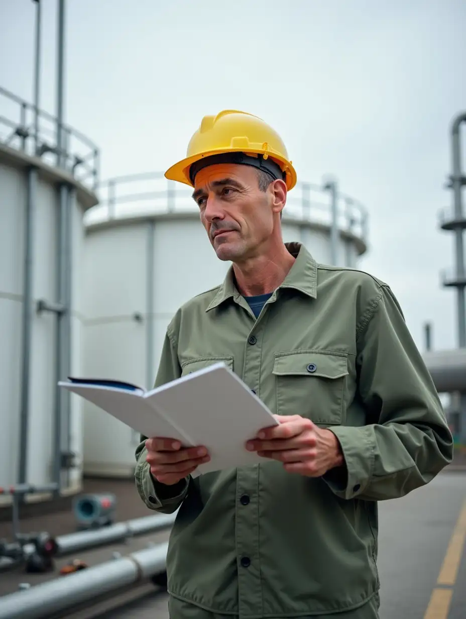 Create an image of a 40-year-old man wearing a yellow safety helmet and work attire. He is standing on an oil production facility, nearly in full height, with large white storage tanks visible in the background. The man is holding a notebook and writing in it, appearing focused and professional. The setting includes industrial details like pipes, metallic structures, and a clean, organized environment.