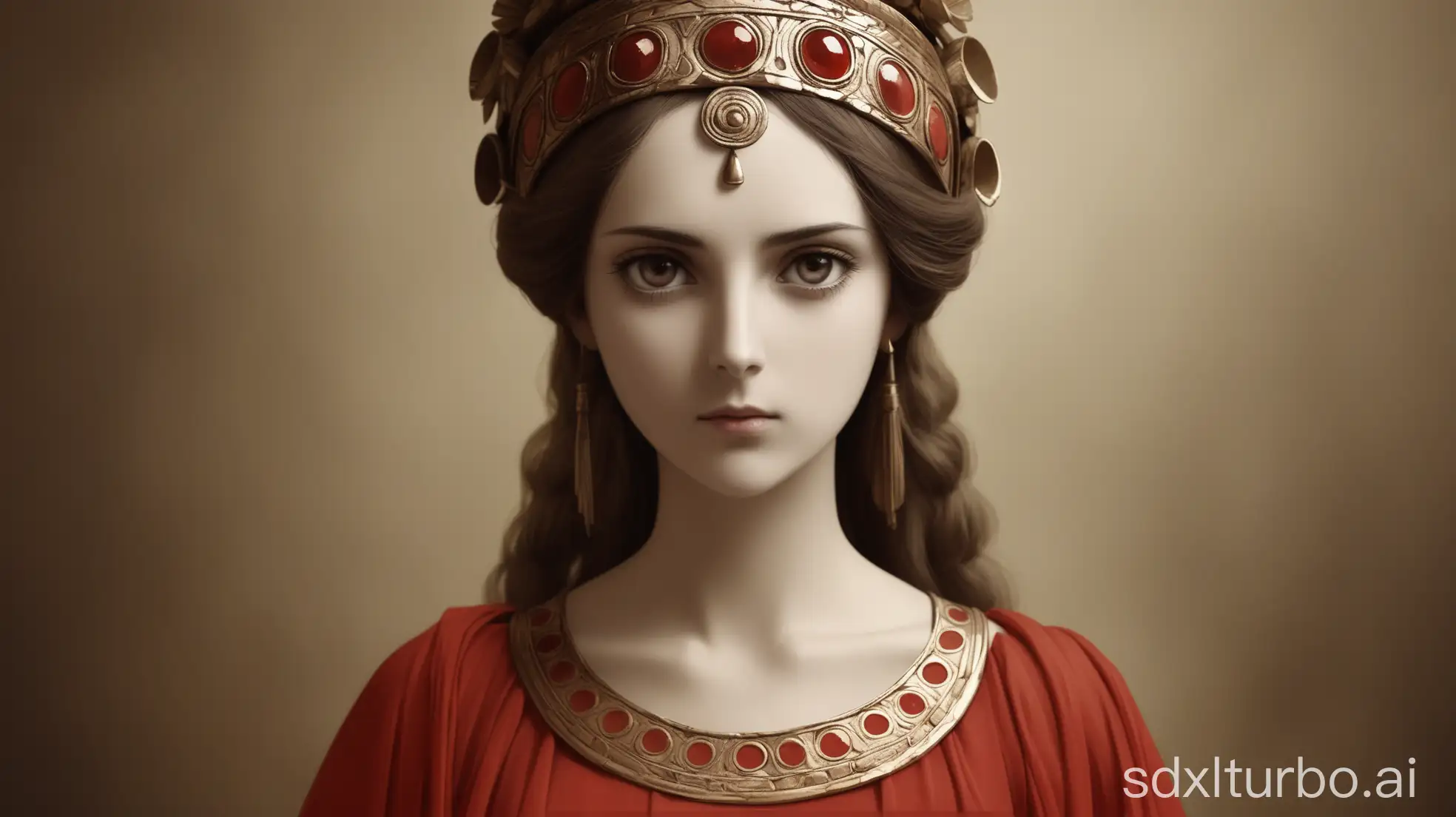 Ancient-Woman-in-Red-Dress-with-an-Expressionless-Look