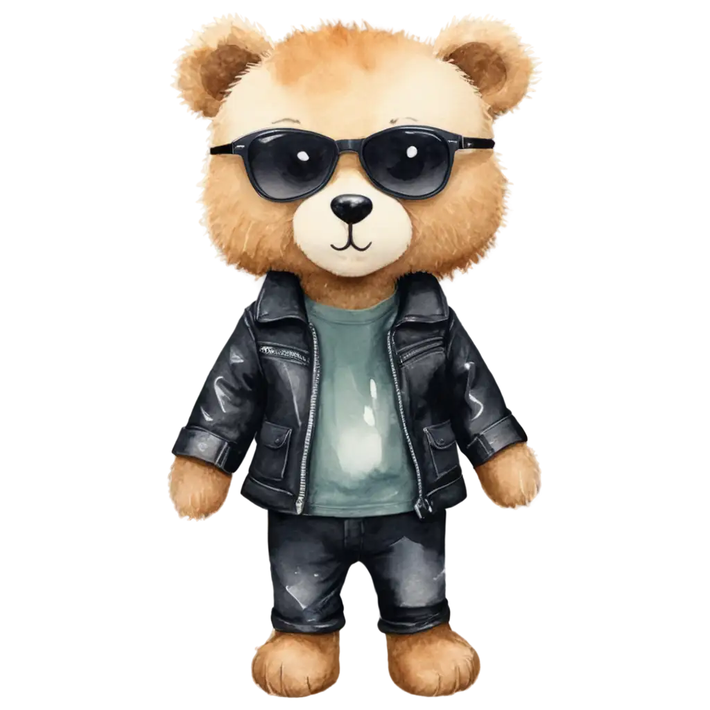 Stylish-Stuffed-Bear-with-Sunglasses-in-Watercolor-and-Black-Leather-Jacket-PNG-Image