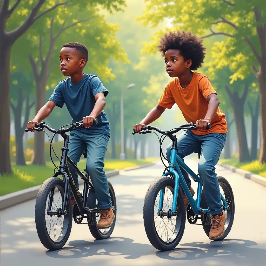 African American Boys Riding Bikes in City Park