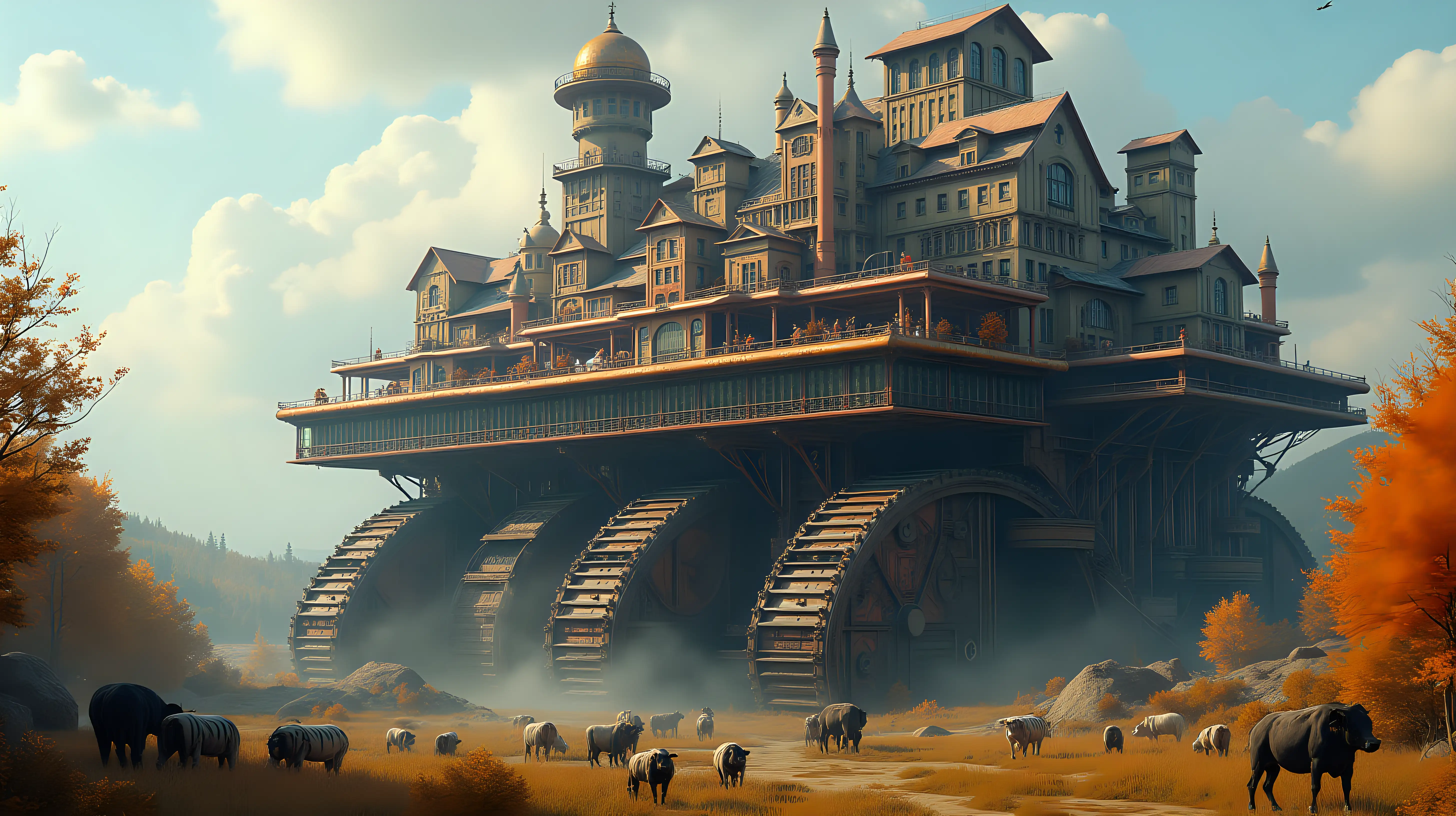 Steampunk City on Giant Moving Platforms with Farms and Airport