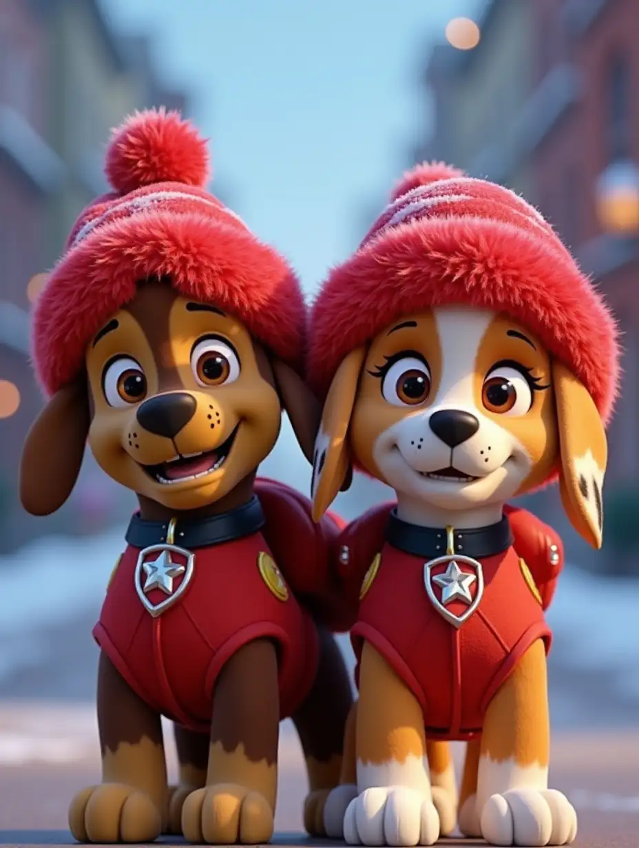 heroes of the animated film dog patrol, in red new year's fur hats on head