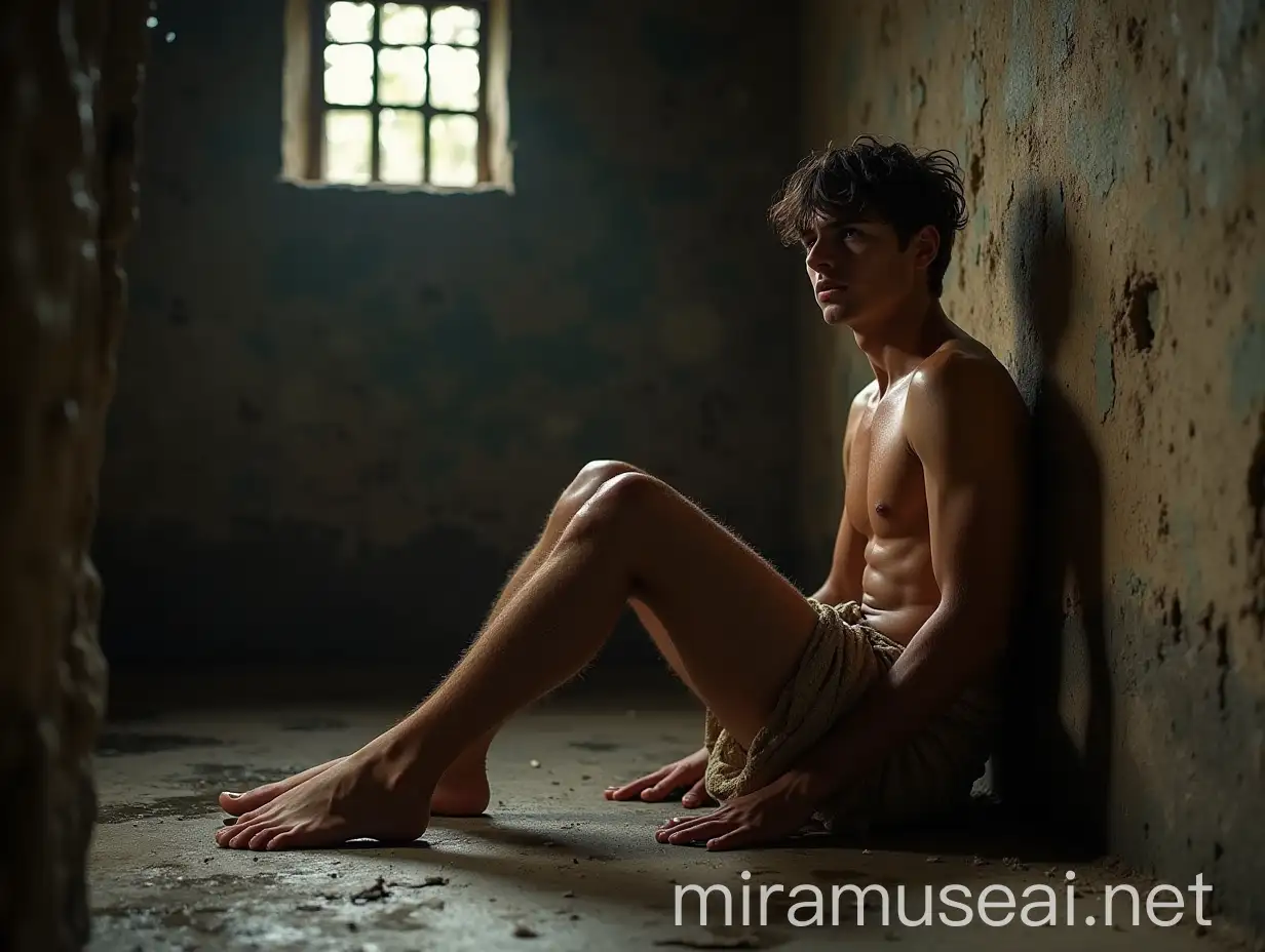 Young Mans Desperate Struggle in Ancient Prison Cell