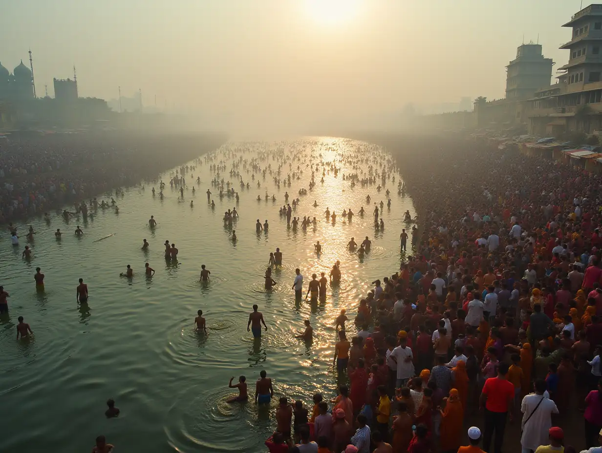 Dramatic visuals of the Ganges River with millions of devotees, aerial shots of the massive camps, and close-ups of people performing rituals