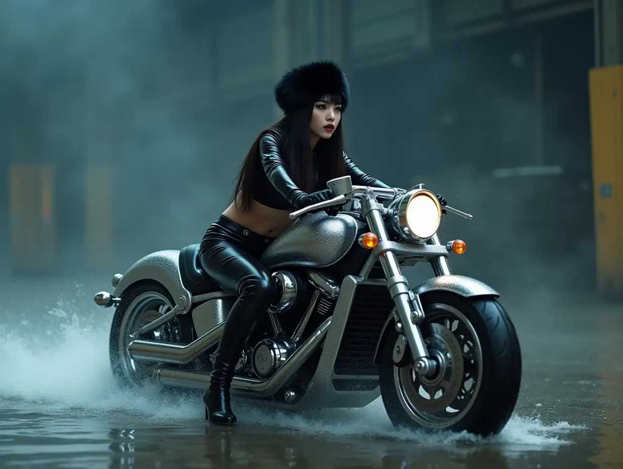 Young beautiful Korean Kpop idol girl, with long black hair with a bang, pale skin, dark makeup with Smokey eyes and lipstick, black fur hat, wearing a black chrome plastic crop top and black plastic pants with black high heels, driving a silver chrome futuristic motorcycle on water in dark warehouse, mist, full body, wide angle, 4k