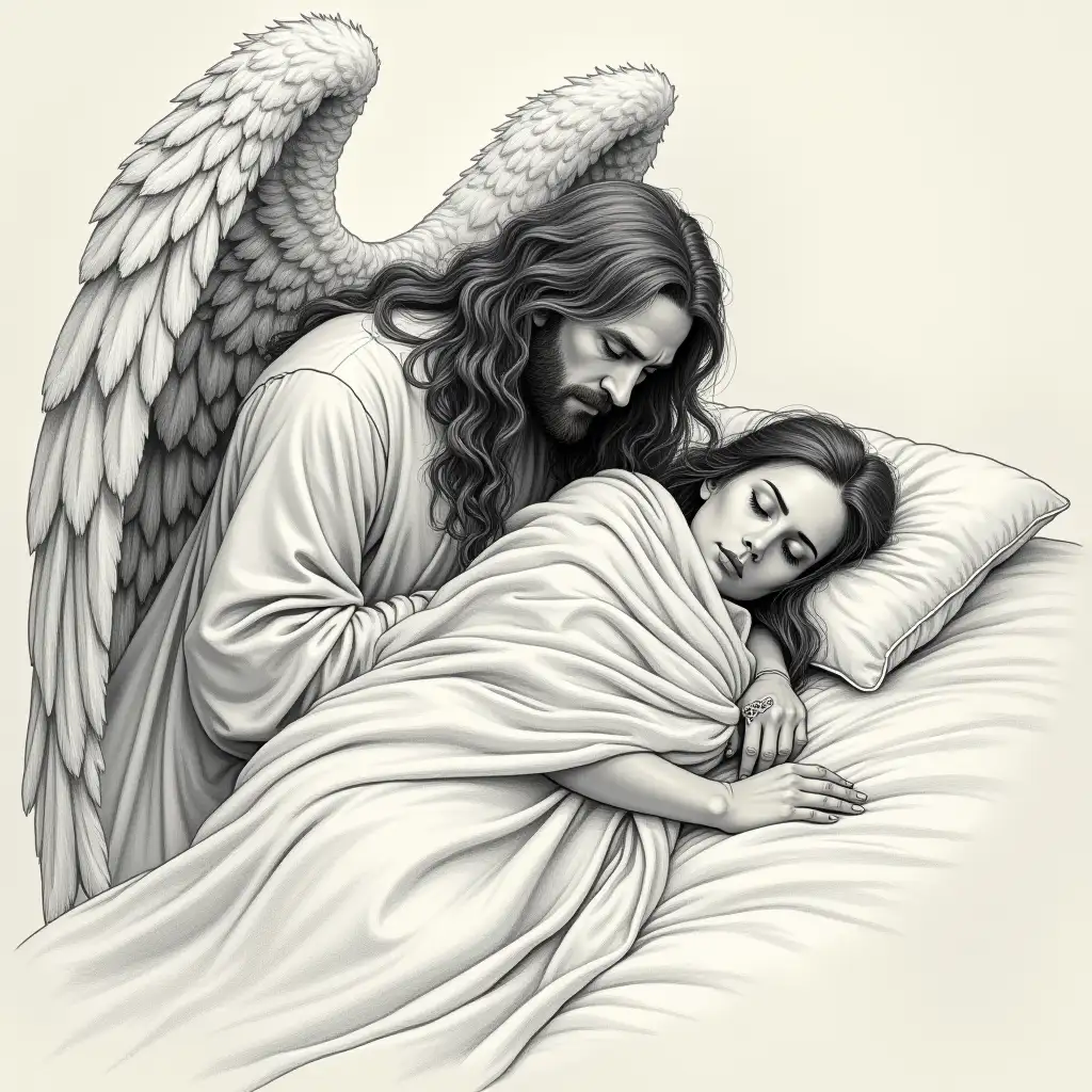 An angel man with long hair covers a sleeping woman with a blanket, drawing