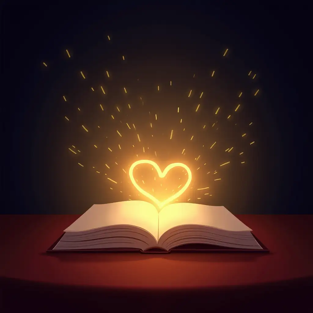 A beautifully lit table with a glowing book placed at the center. Animated lines of poetry swirl around the book, eventually forming a glowing heart shape in cartoon theme