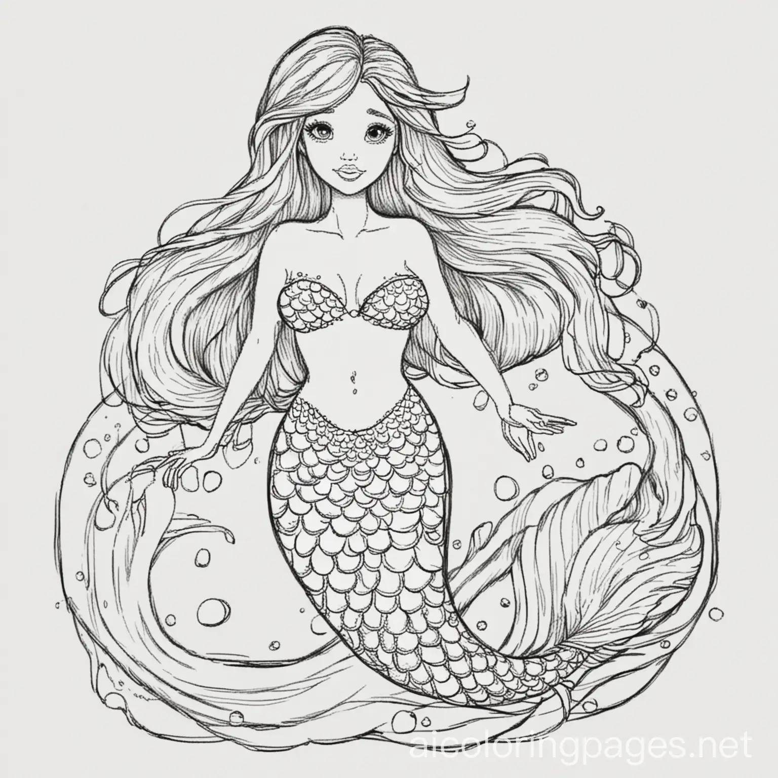 Mermaid, Coloring Page, black and white, line art, white background, Simplicity, Ample White Space. The background of the coloring page is plain white to make it easy for young children to color within the lines. The outlines of all the subjects are easy to distinguish, making it simple for kids to color without too much difficulty