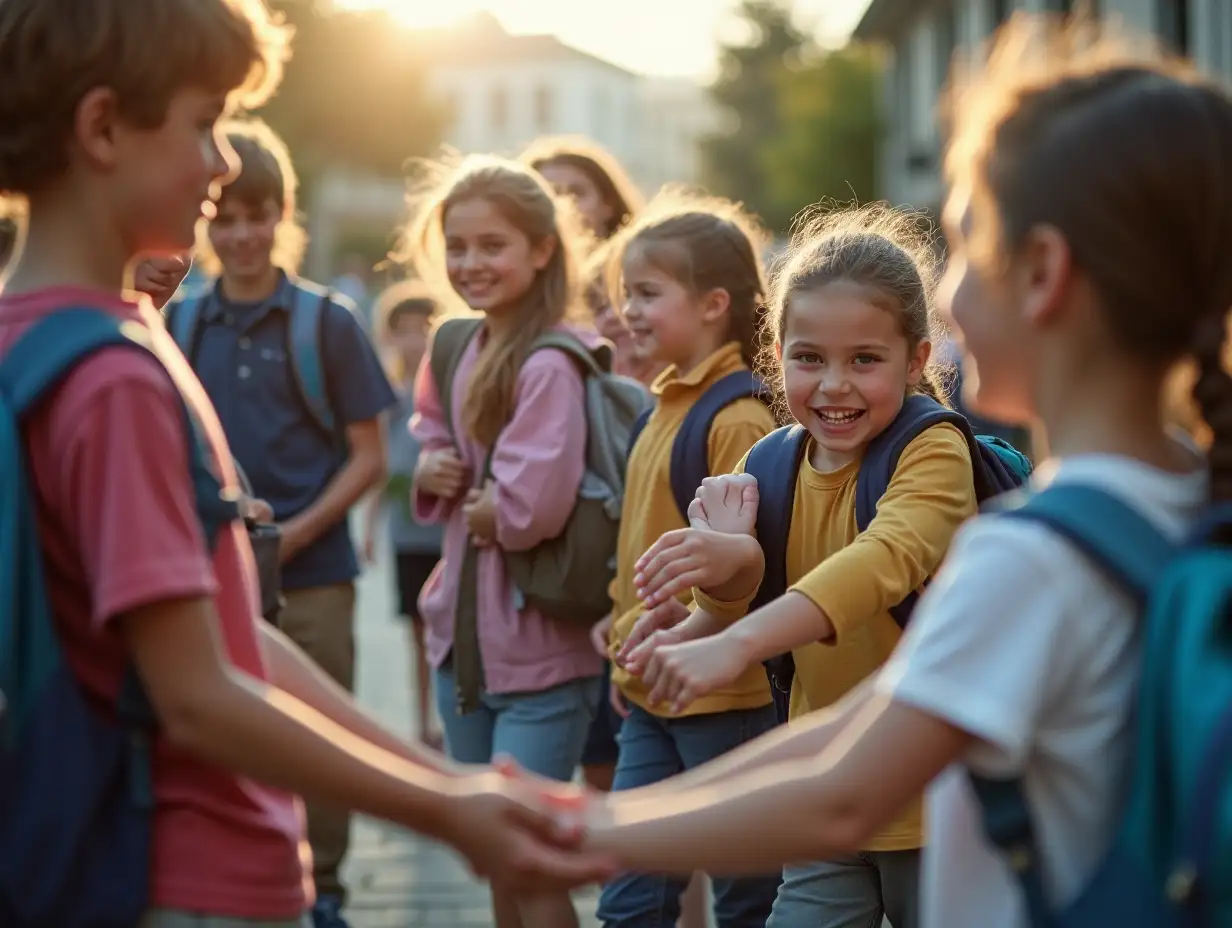 a scene of elementary school children, ranging in age from 11 to 13, pushing a child.