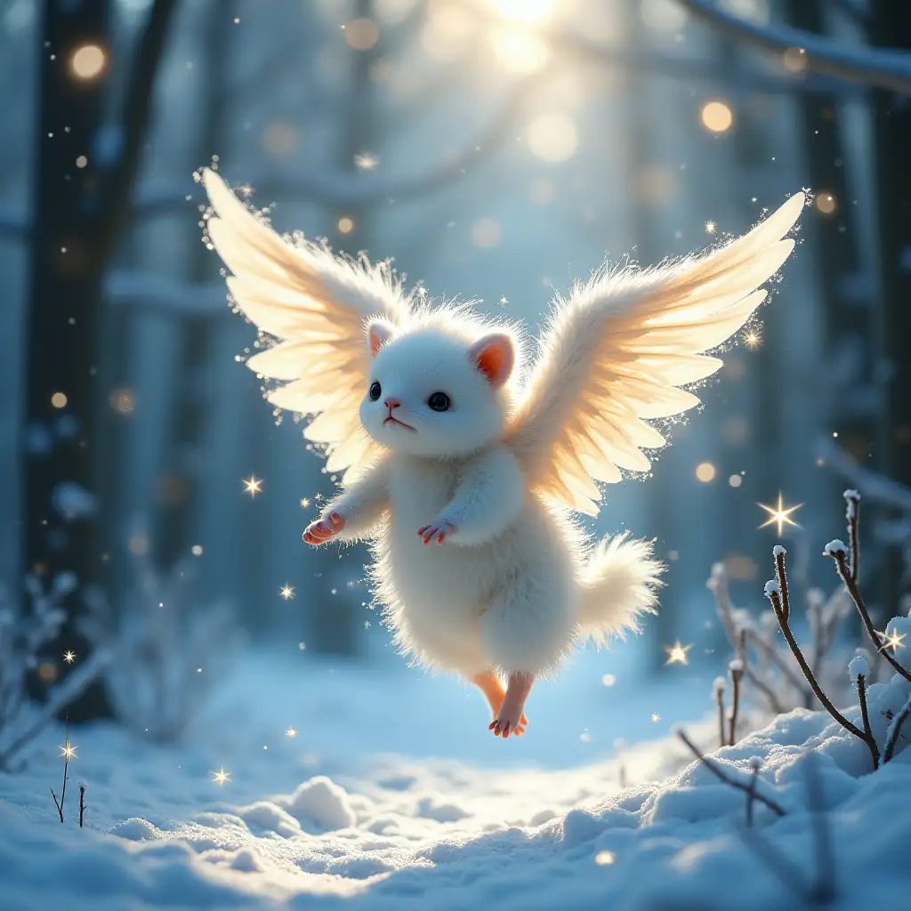 Magical-Winter-Forest-with-Airy-Glowing-Creature-Levitating-Amidst-Sparkling-Snow