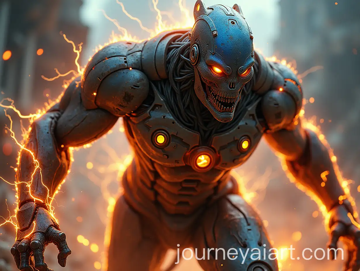 Mighty-Humanoid-with-Robotic-Features-Jumping-into-Destroyed-Alien-Spaceship