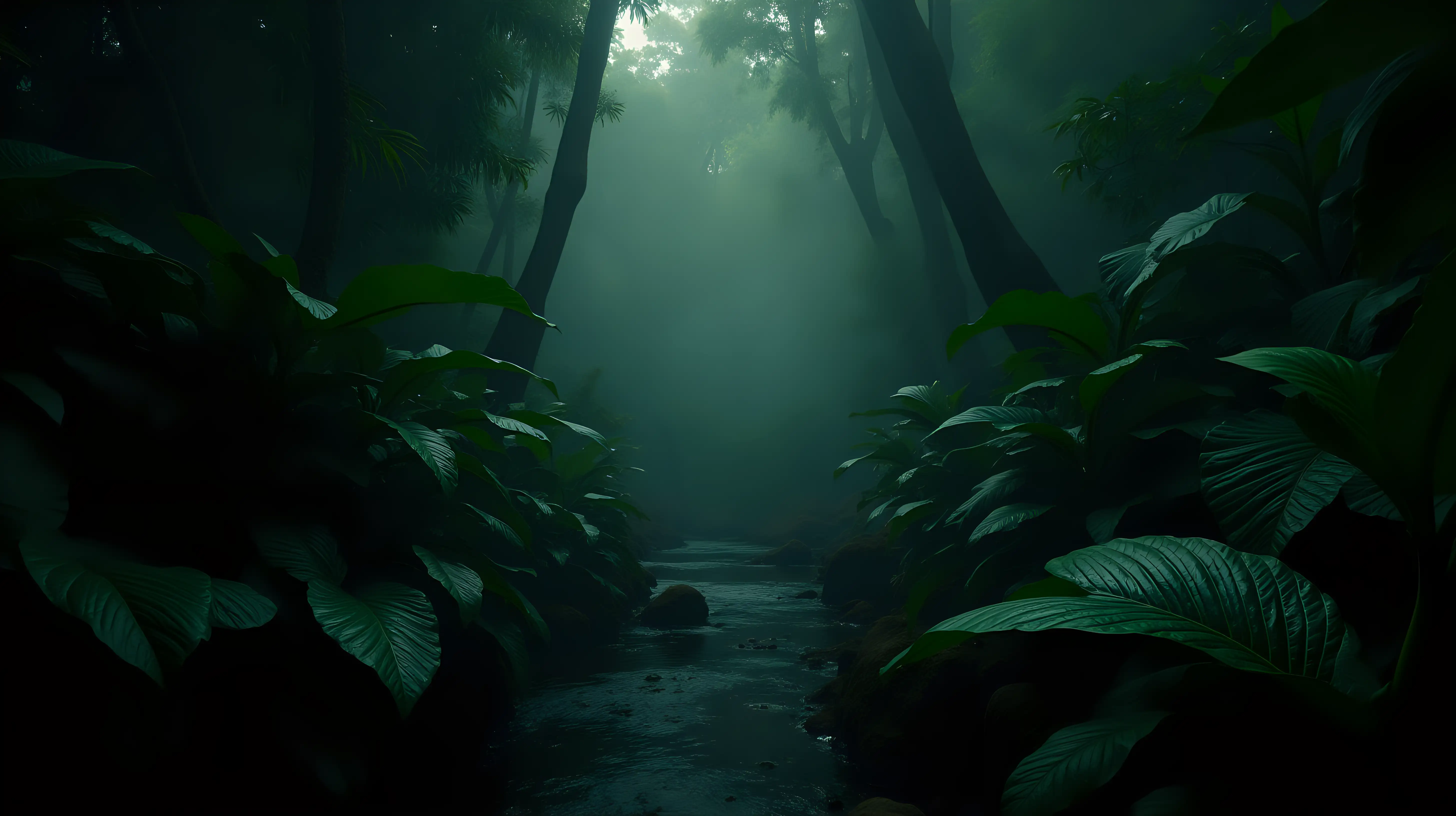 hyper realistic extreme detail of leaves somewhere deep jungle in the Darien Gap with exaggerated prehistoric-like vegetation at night