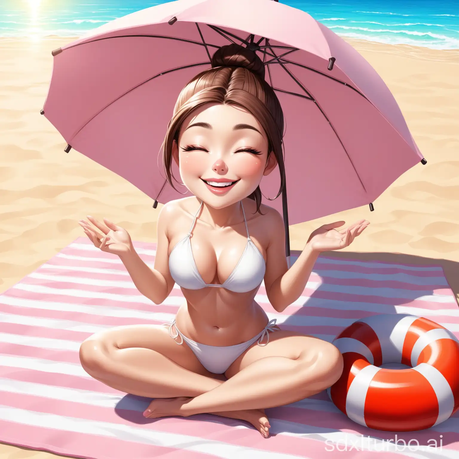 Create a realistic 3D caricature cartoon of a cheerful woman with long brown hair tied in a high bun, large closed eyes with long eyelashes, a small nose, and full pink lips forming a wide smile. She is wearing a white bikini with black string details and sitting cross-legged on a pink mat in a meditation pose. The background is a sunny beach with lifebuoys, beach bags, and a beach umbrella