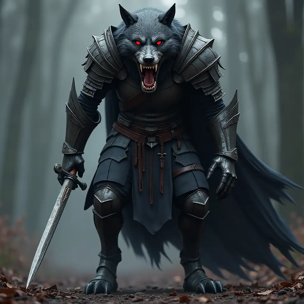 a realistic fierce wolf knight of death with red eyes in dark medieval armor stands angrily on the ground full size