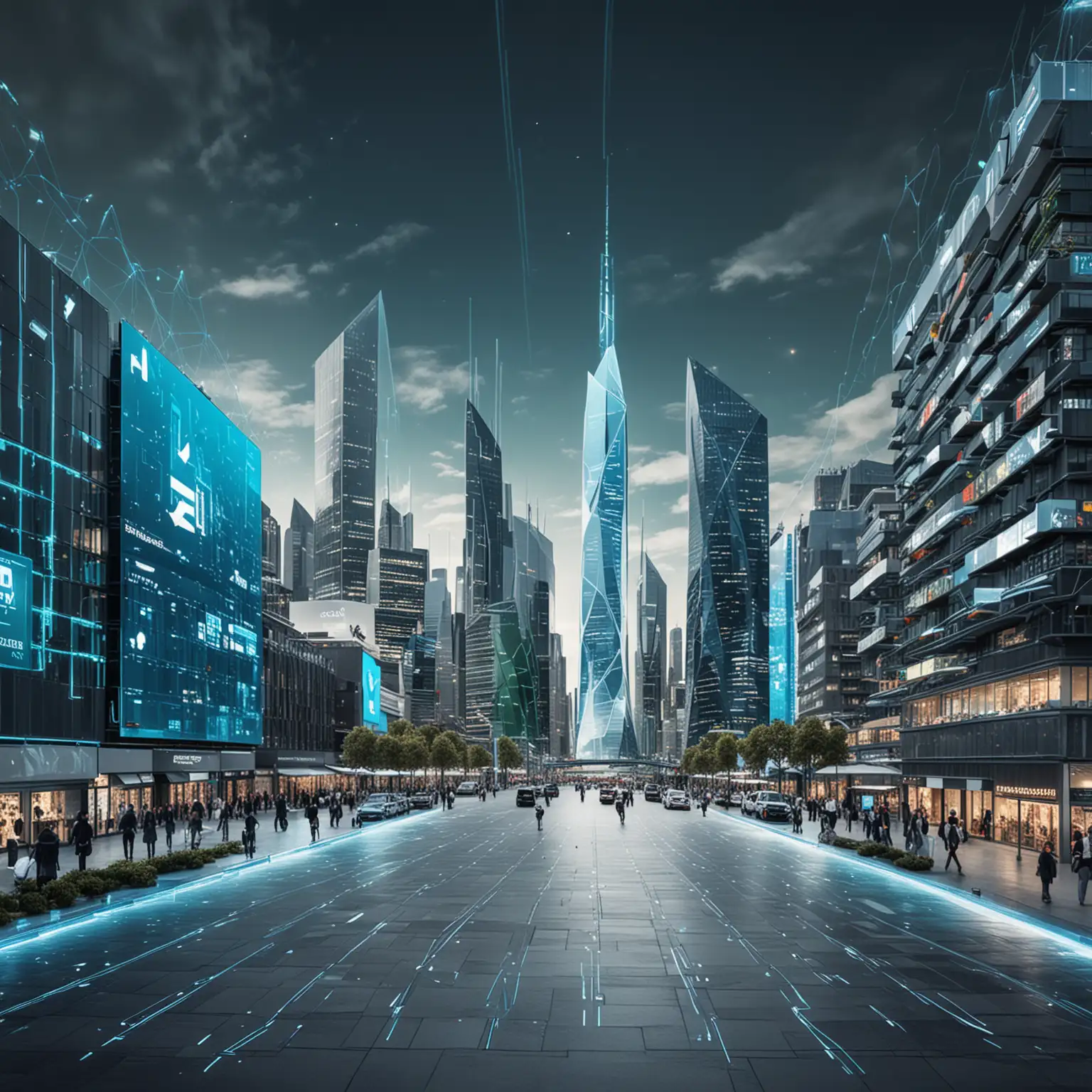 A modern, dynamic image that symbolizes the future of trading and e-commerce: A European marketplace with digital elements, such as floating data streams, holographic shopping carts, and a futuristic skyline in the background. In the foreground, one can see a balance between traditional businesses and innovative technologies (e.g. Social Media Icons, digital platforms). The image should depict the contrast between independence (European architecture) and dependence (global platforms). Color palette: Blue- and green tones for technology and sustainability, with a touch of futuristic white. Style: Highly detailed, slightly futuristic, professional.