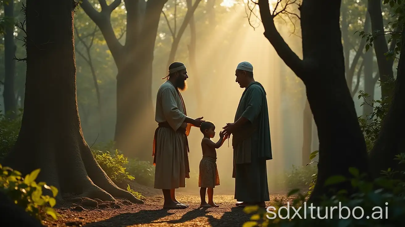 Meeting of two ancient Javanese kings, King Sipanjonga and King Kamaru, while waiting for the birth of the first grandchild, emotional, happy atmosphere, mosque setting in the middle of the forest