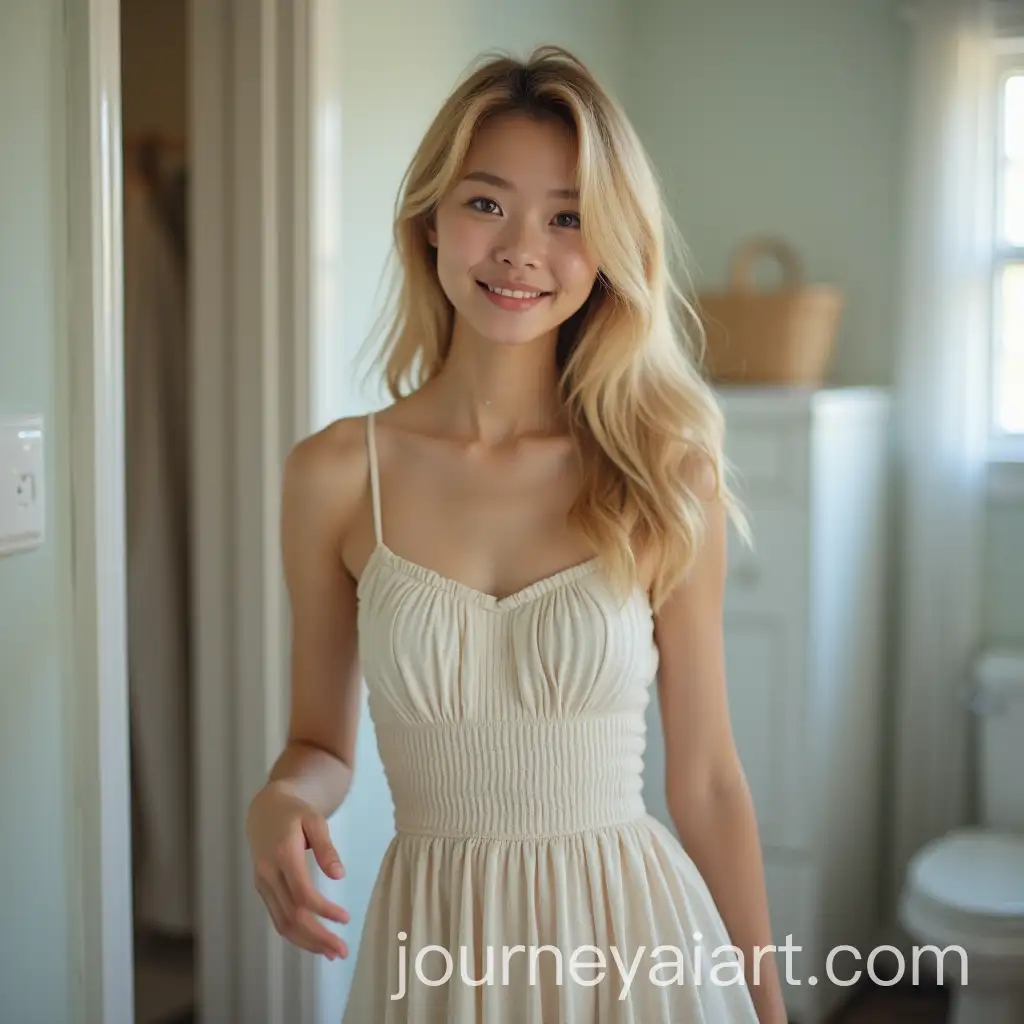 Cute-Asian-Girl-in-a-Bathroom-Carrying-Laundry-in-a-Petite-Dress