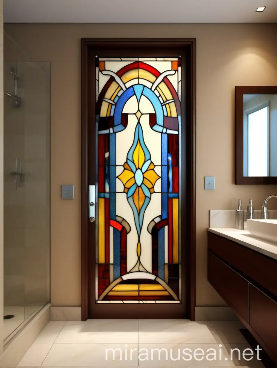 Abstract Tiffany Stained Glass Door Design in Bathroom