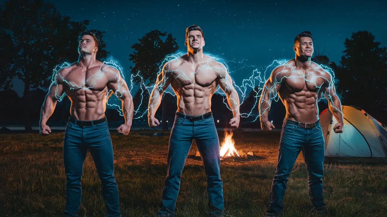 Three-Superheroes-Charging-with-Luminous-Blue-Electricity-in-a-Nighttime-Field