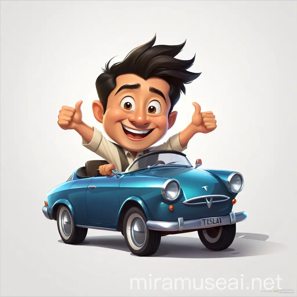 Happy Indonesian Man Driving a Tesla Car in 4D Caricature Style