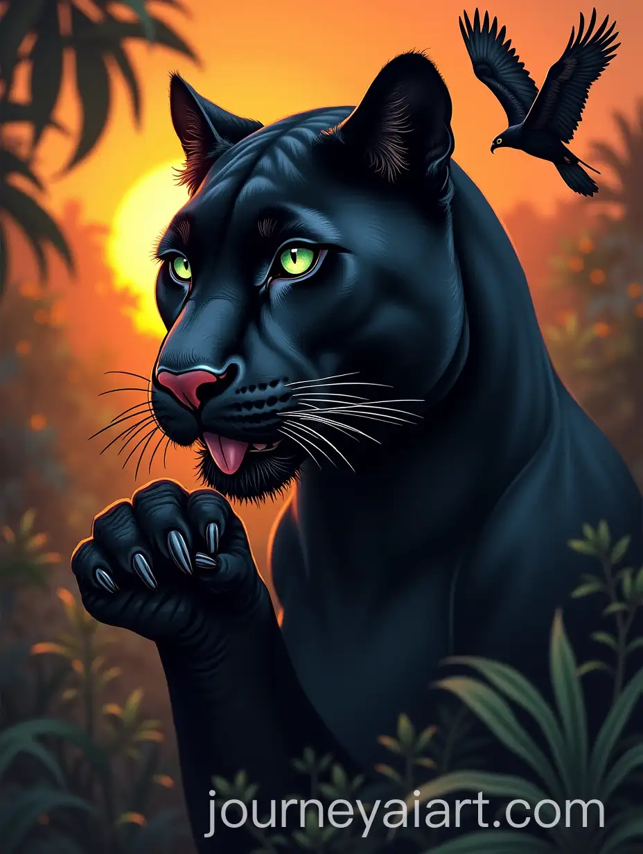 Black-Panther-Tattoo-with-Green-Eyes-and-Eagle-in-Jungle-Sunset