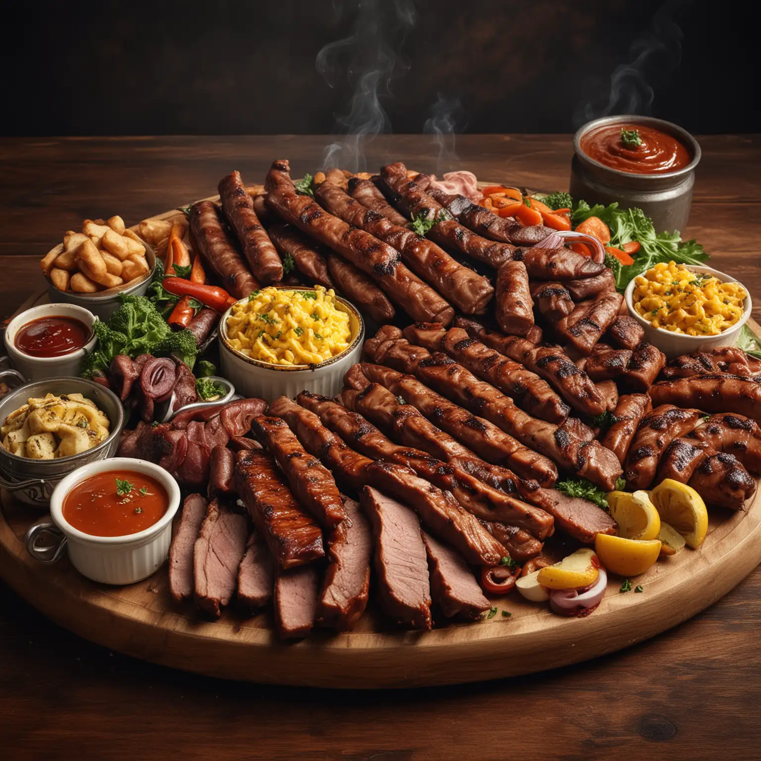 An ultra-realistic photograph of a wooden platter overflowing with a delicious spread of grilled meats. The centerpiece is a generous portion of sliced, smoky, and perfectly cooked pork ribs, arranged alongside a medley of different gold-brown sausages. The platter is adorned with a variety of dipping sauces. Hyper-realistic, intricate, elaborate, food photography, 8K, UHD, HDR.