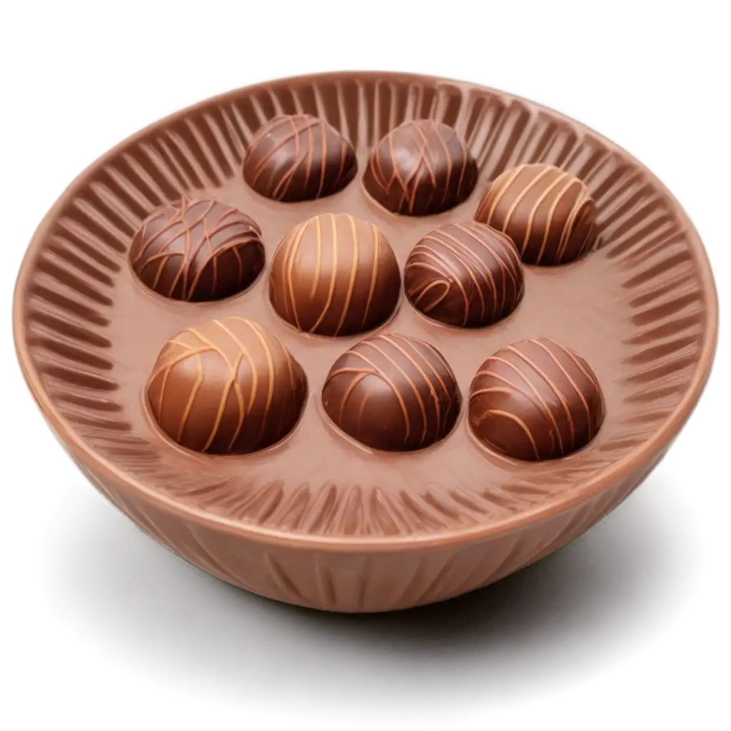 A close-up view of a cream-colored ceramic bowl with subtle horizontal ridges and a narrow rim, placed centrally against a transparent checkerboard pattern background. The bowl is filled to the brim with an assortment of meticulously crafted chocolates, showcasing a variety of shapes, sizes, and designs. The chocolates include spherical truffles with intricate decorations such as swirls, stripes, and patterns, rectangular pieces with glossy or textured surfaces, and square chocolates with decorative drizzles. Some chocolates feature a smooth, shiny finish while others have a more textured, grainy appearance. The color palette of the chocolates ranges from rich dark browns, ambers, and reds to lighter beige tones, creating an inviting and indulgent display. A vibrant red chocolate piece with a textured surface stands out among the more muted tones. The lighting is bright and even, highlighting the glossy finishes and intricate details of each chocolate without casting harsh shadows, ensuring all elements are clearly visible and emphasizing the appetizing textures and colors. The overall composition is balanced and centered, creating a visually appealing and delicious display that showcases the craftsmanship and artistry behind each piece.