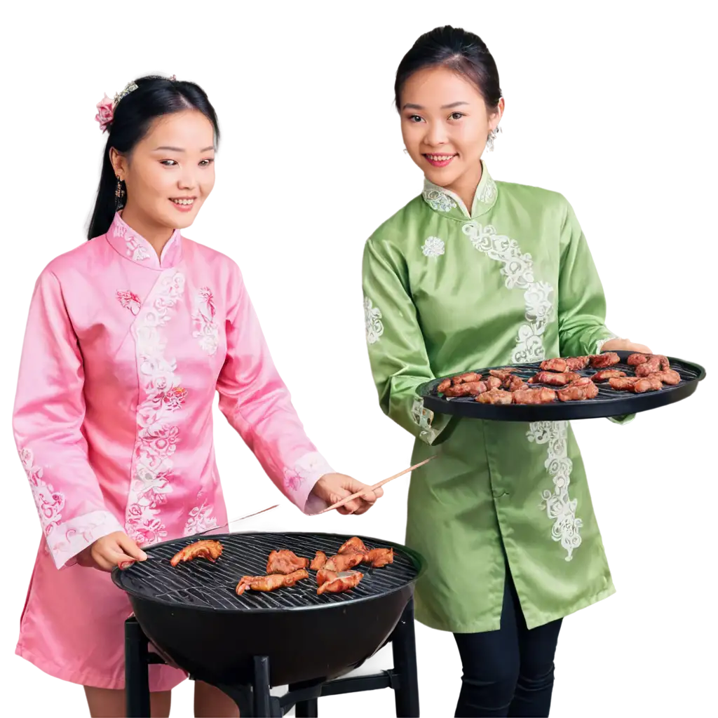 Women-Wearing-Traditional-Chinese-Clothing-Serving-Asian-Barbecue-HighQuality-PNG-for-Culinary-and-Cultural-Themes