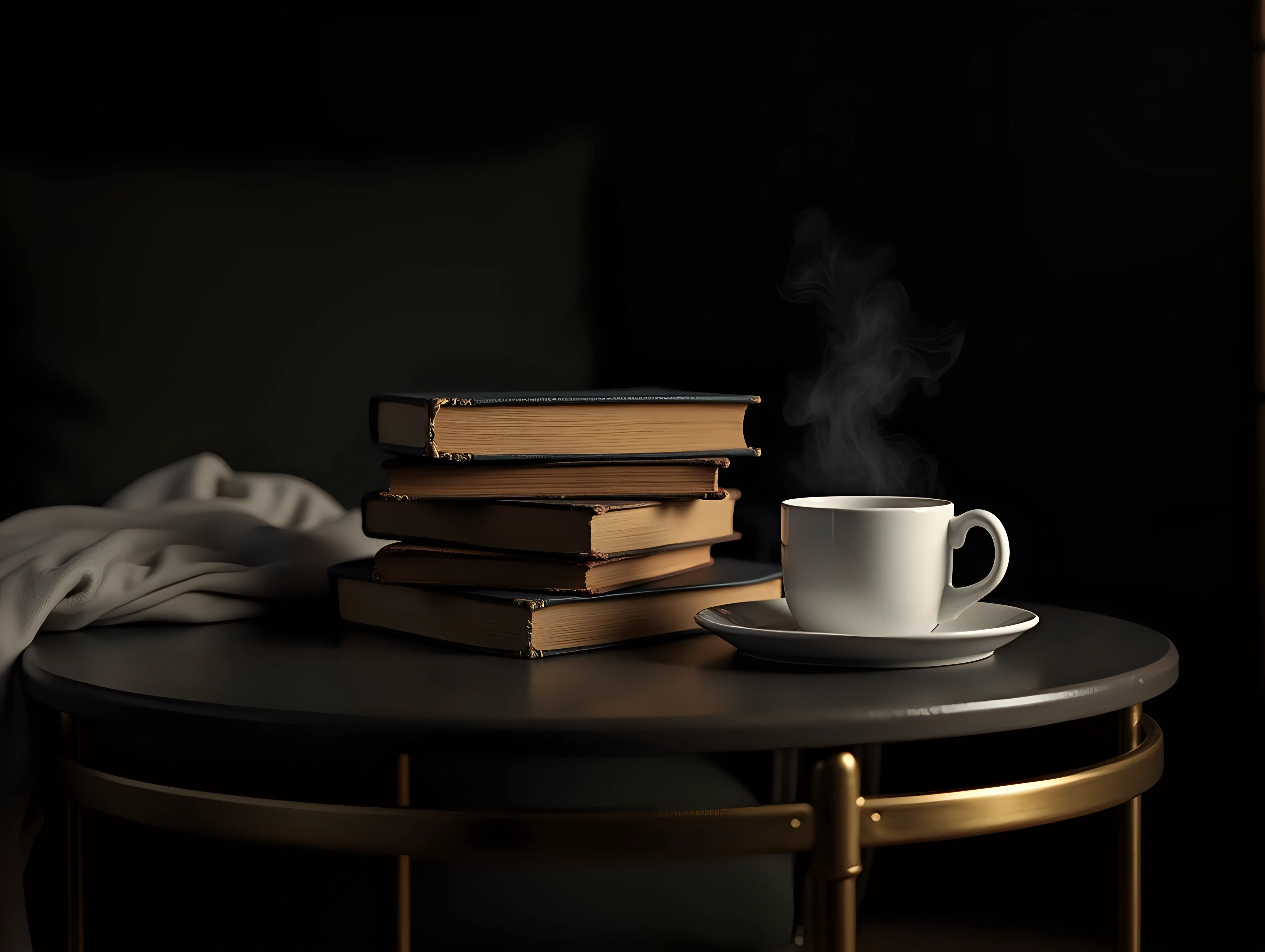 A cozy still life scene featuring a stack of old, vintage hardcover books with slightly worn edges and faded covers, resting on a dark metallic coffee table with brass trim. Beside the books is a white ceramic mug with hot coffee, gently steaming into the air. The lighting is soft and moody, with warm highlights and deep shadows, evoking a quiet, introspective atmosphere. The background is dark and slightly blurred, enhancing the focus on the foreground objects. A folded blanket or cushion is partially visible under the table, adding to the sense of comfort. The overall image feels nostalgic and calm, perfect for a quiet reading moment. Photorealistic style, shallow depth of field, cinematic light and contrast.