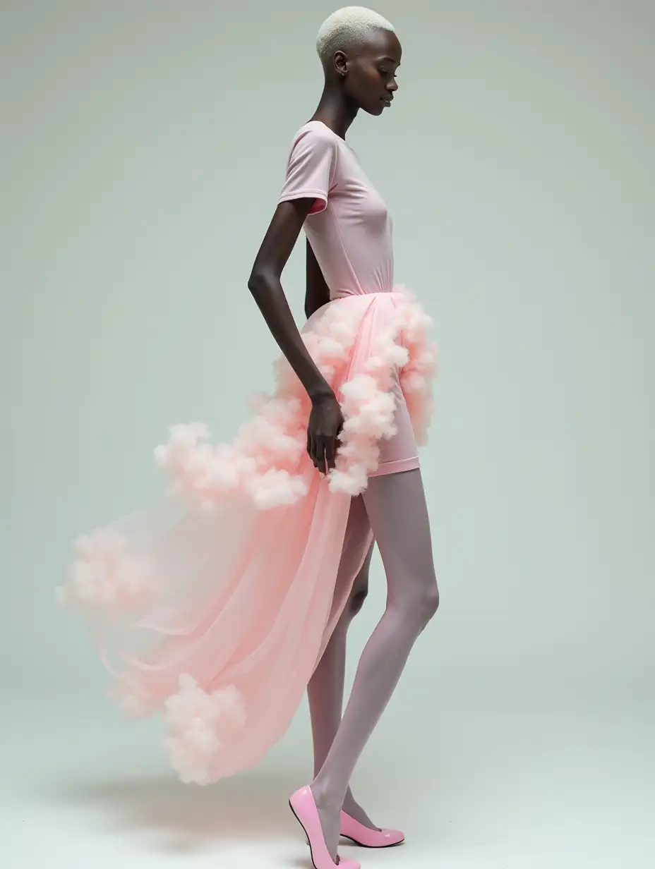 Black albino female, tall and skinny, light pink dress with clouds textures fabric, ethereal aesthetic fashion studio photo, short shaved haircut, evocative graceful pose, feminine goddess beauty, abnormal long thin legs, low angle, focuses at foreground, lowered exposure