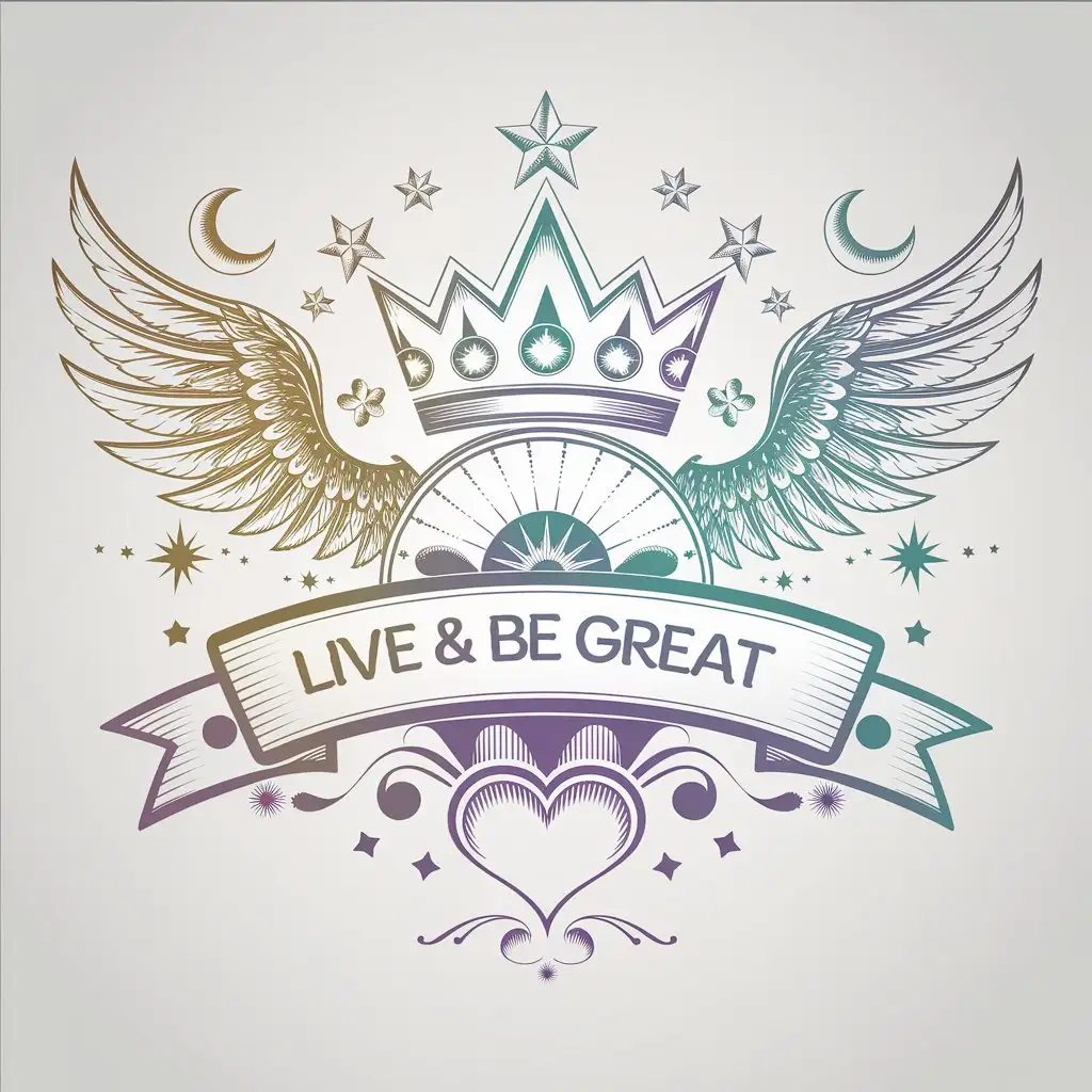 LOGO Design for Live Be Great Crown Stars Angel Wings Sun Moon Heart with Gold Turquoise and Lavender Gradient