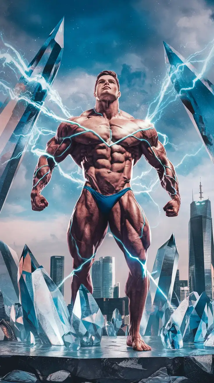 In a crystal fortress. A powerfully muscled, hugely ripped, pumped, superhuman bodybuilder stands triumphantly as his mighty body is inundated with luminous blue superpower. Becoming a superhero. 35 years old. Photorealistic.