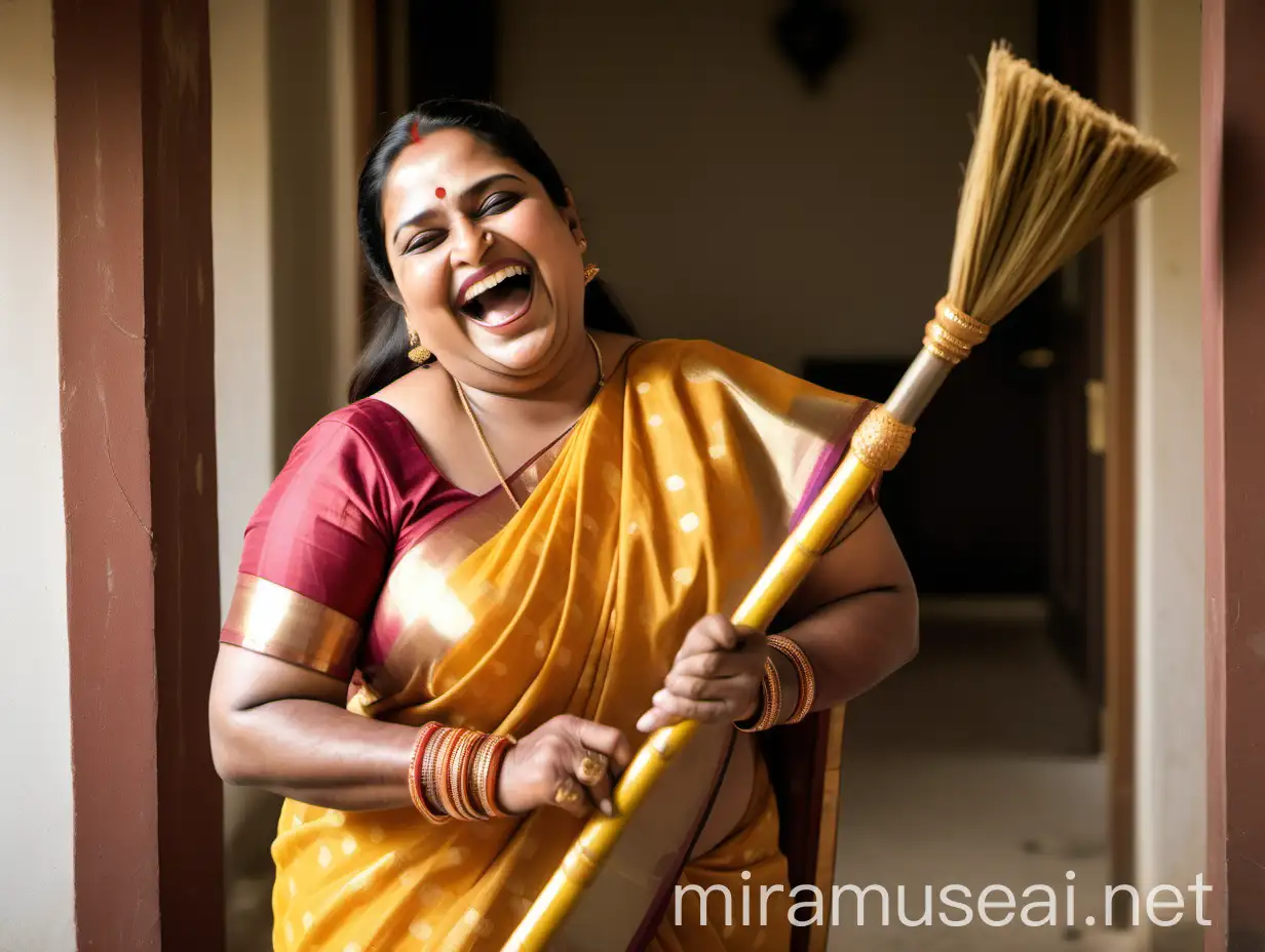 Joyful Indian Woman in Saree Laughing at Luxurious Farmhouse