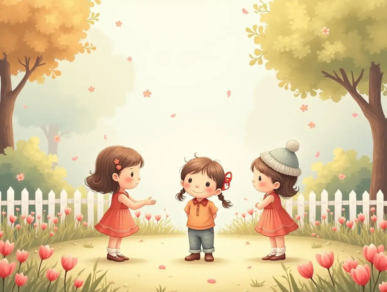 A whimsical and charming illustration in a soft pastel palette, inspired by storybook art, featuring two girls and one boy standing in a cozy outdoor garden with flowers and trees. The children are evenly spaced, not touching, and wearing vintage-style outfits. Each child has distinct features and expressions, with a warm and dreamy atmosphere. The background includes a white picket fence, blooming flowers, and soft lighting, creating a harmonious and serene scene. High-quality illustration with intricate details.