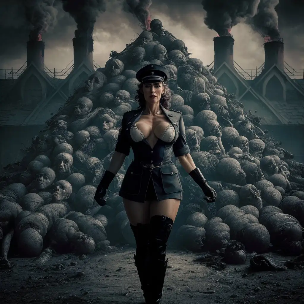 A provocative and disturbing cinematic image of a mature, muscular, and seductive German woman in a pseudo-Nazi uniform. The woman, with deep cleavage and high heels, poses confidently against the backdrop of a massive mountain of corpses from a Nazi death camp. The crematorium chimneys smoke in the distance, casting an eerie shadow over the scene. The overall ambiance is a mix of seduction, anger, and evil, creating an unsettling and thought-provoking visual., cinematic, photo