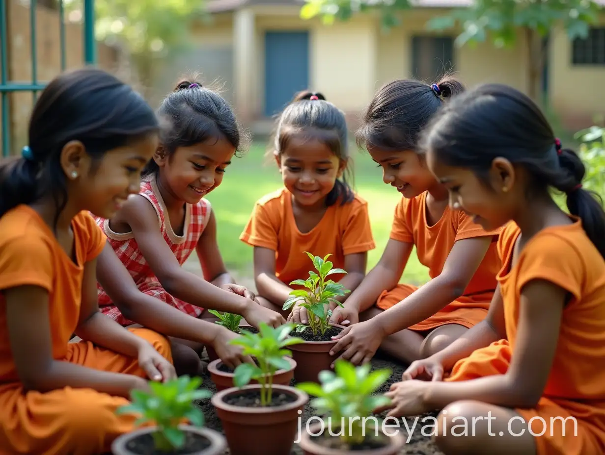Indian-Children-Caring-for-Plants-in-a-Schoolyard-Garden