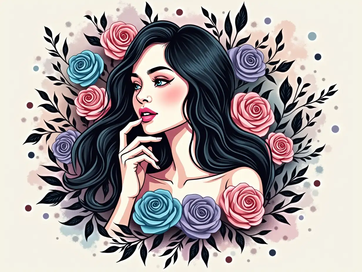 Vector, vintage, seamless design. A woman with long, flowing hair, exuding a sense of elegance and mystery, adorned with colorful roses in shades of pink, blue, and purple. She has a subtle, introspective expression, with her finger gently touching her lips, suggesting a moment of contemplation. The background features a mix of soft gradients and a contrasting black and white floral design, accented with delicate drops of ink and subtle splatter effects for a dreamy atmosphere. The text 'DEJA que DIOS escriba TU Historia' is artistically integrated, blending a bold, playful font with the overall aesthetic. The color palette primarily involves soft pastels contrasted with deep black, creating a contemporary yet romantic vibe. The style combines elements of hyperrealism with graphic design, emphasizing both detail and artistic flair.