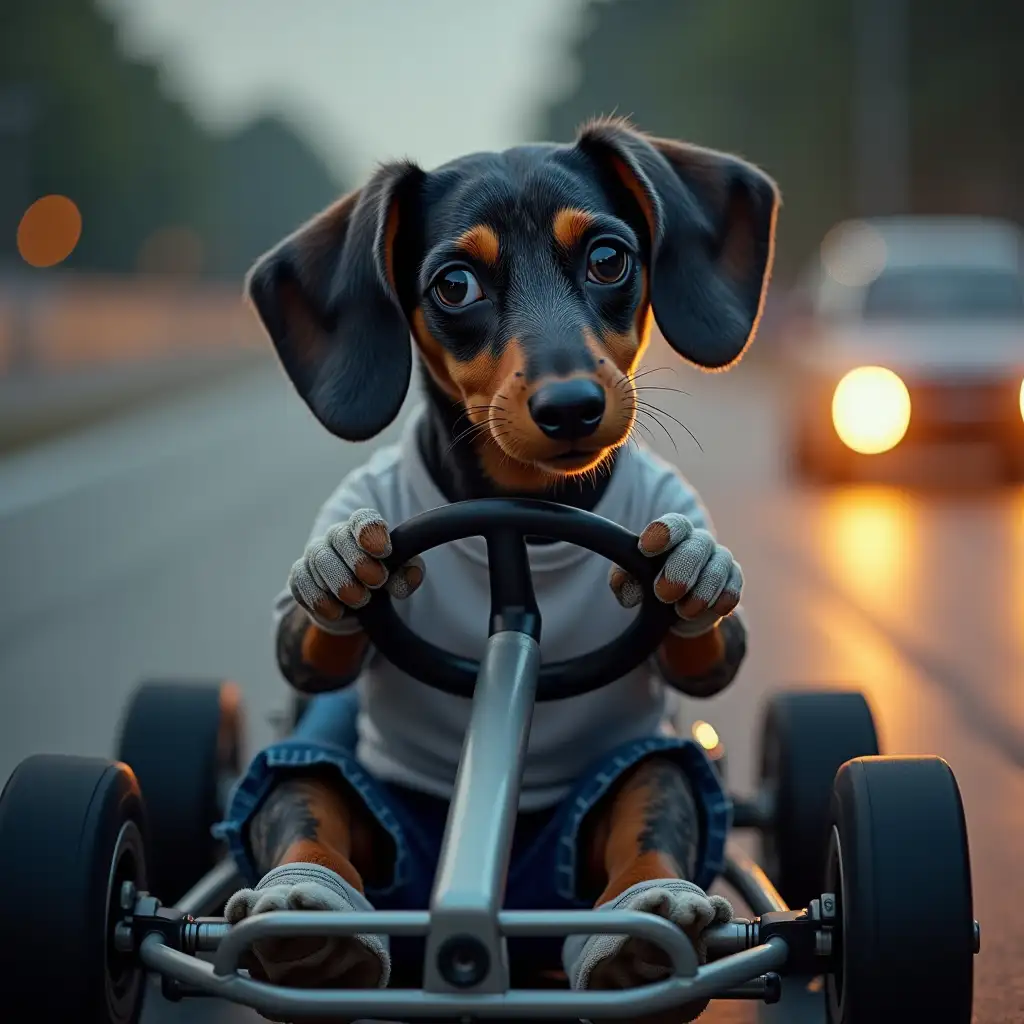 If you can look back or remembewr the firast picture of this evening. That is the view I would like to get, pease. A dachshund dog, he is black, grey with small dappled spots, one eye blue, the other brown, he is driving a fast Go-Kart, dressed casual in jeans, tee-shirt & tennis shoes with white gloves on. He has a rugged, determined look on his face as he is behind the steering wheel while driving fast with ears flapping back in the wind, super wide angle shot from far back showing the entire go-kart., super wide angle shot from far back showing the entire go-kart.