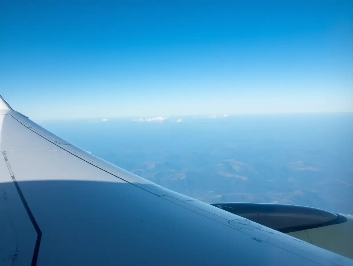 Aerial-View-of-Airplane-Wing-Over-Blue-Sky-and-Landscape