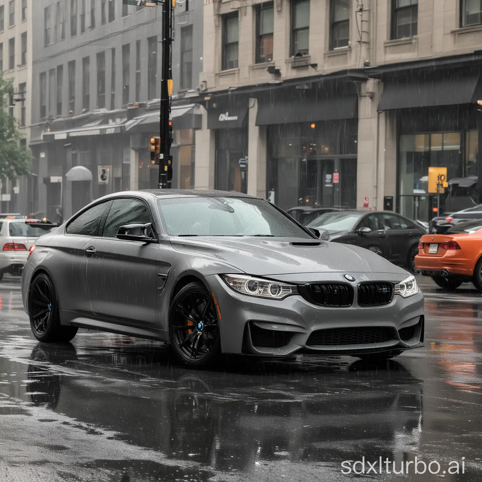 Bmw m4 2022 gray color black rims in new york rain