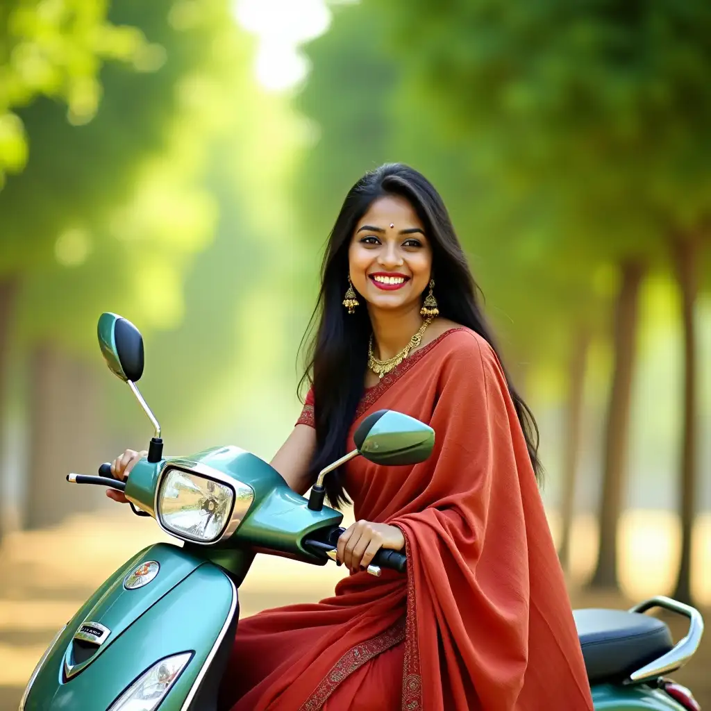 Indian woman, traditional red and olive green saree, long dark hair, seated on scooter, outdoor setting, lush green trees, sunlit park, bright smile, gold jewelry, casual pose, vibrant colors, cultural attire, smartphone photography, natural beauty, daytime scene, soft lighting, rural background, fashion portrait